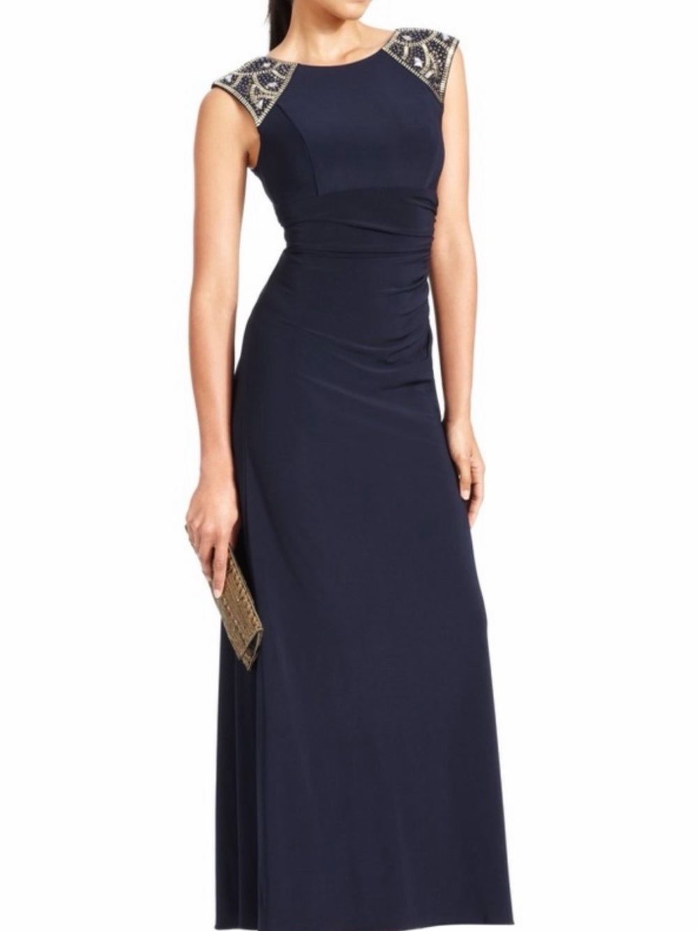 XSCAPE Navy Blue Ruched Embellished V-Back Evening Gown Dress - Size 8